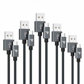 Câble USB / Micro Nylon Tressé RAMPOW RAA-19 Gris/Noir - 20cm/2*1m/2m/3m - Pack de 5