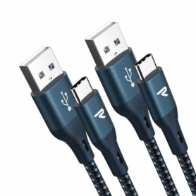 Câble USB / USB-C Nylon Tressé RAMPOW RAC-23 Bleu Navy - 1m - Pack de 2